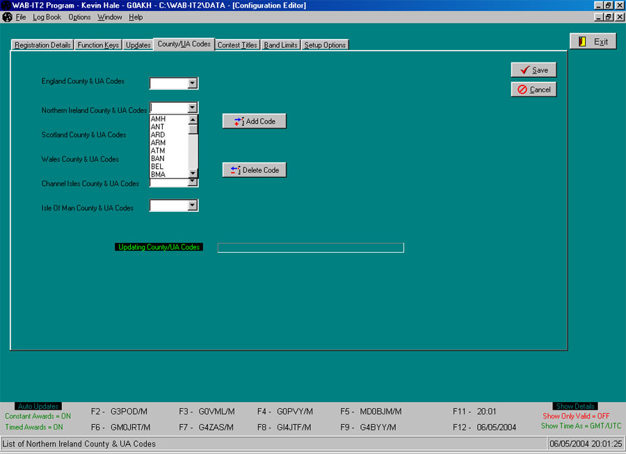 Screen Shot of County/UA Codes tab within Configuration Editor